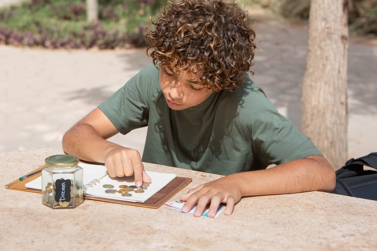 Adolescente organizando sus ahorros al aire libre, aprendiendo educación financiera